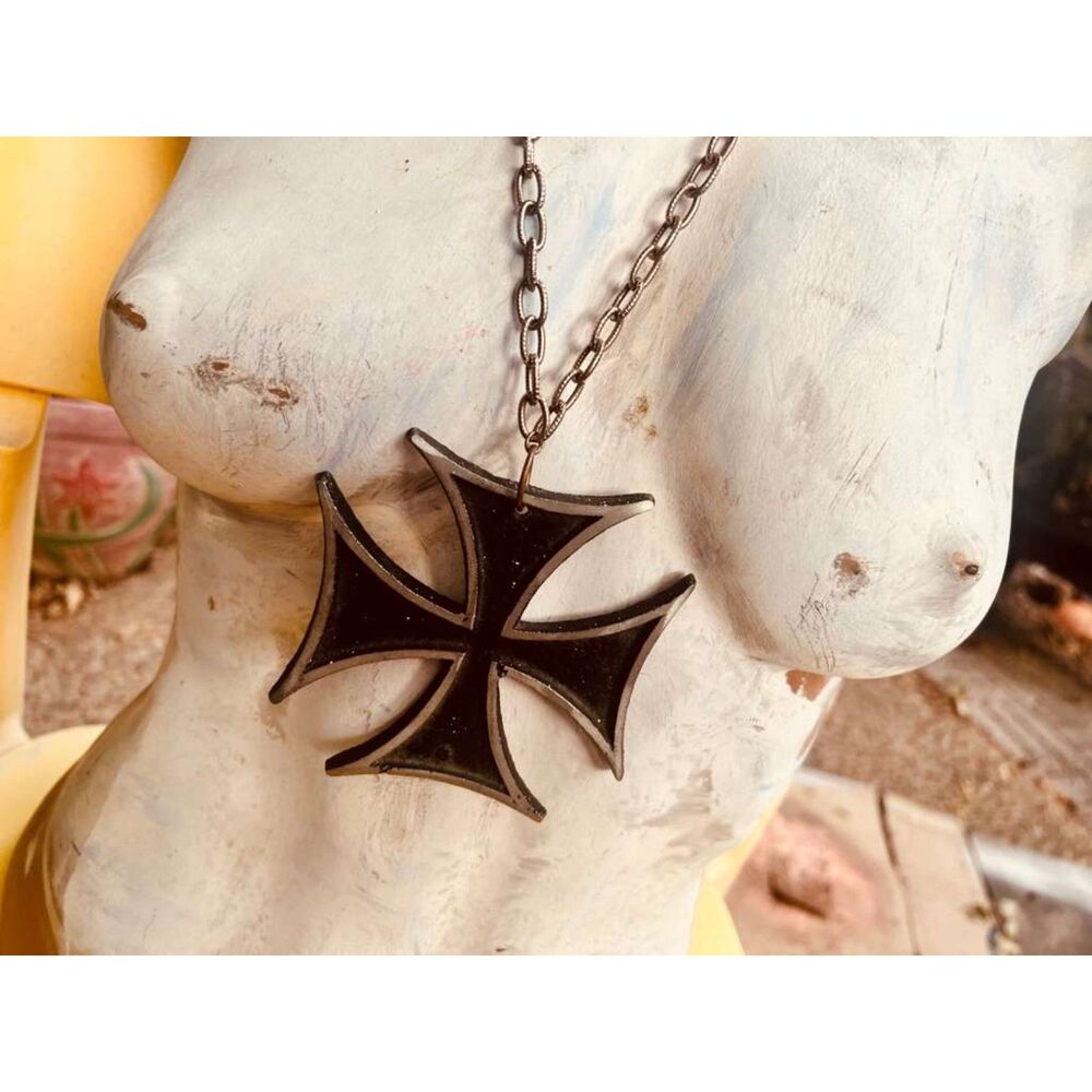 Vintage Maltese Heraldic Cross Necklace Large Iron Cross Pendant with Chain